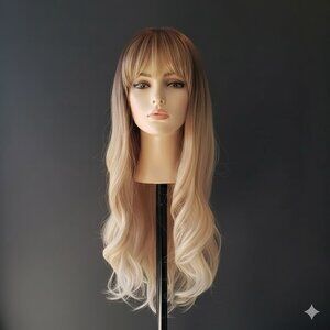 Wavy Ombre Blonde Synthetic Wig with Bangs